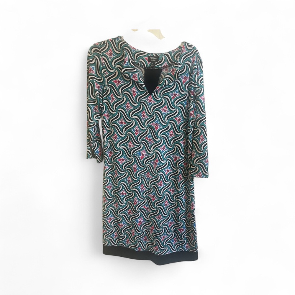 Nicole by Nicole Miller Geometric Print V-Neck Shift Dress Teal Pink Black M